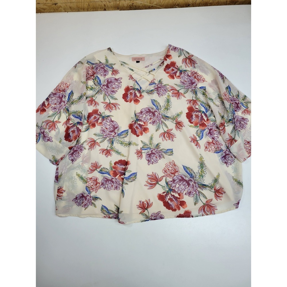East Adeline Women's 1X Floral Blouse Cream Criss Cross Neck 3/4 Sleeve Plus
